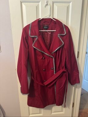 dennis basso Crimson Double-Breasted Trench with Silver Trim